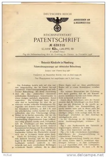 Original Patentschrift - H. Klinkicht in Hamburg , Winker , Fahrtrichtungsanzeiger beleuchtet , 1935 !!!