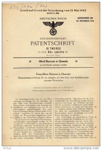 Original Patentschrift - Firma Herm. Riemann in Chemnitz ,1941 ,  Überwachungsvorrichtung für KFZ !!!