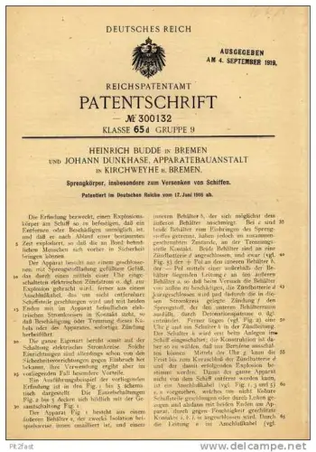 Original Patentschrift - Budde und Dunkhase in Kirchweyhe und Bremen ,1916 , Sprengkörper für Schiffe !!!