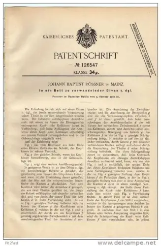 Original Patentschrift - J. Baptist Rössner in Mainz , 1900, Verwandelbares Bett !!!