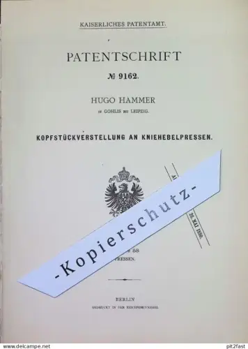 original Patent - Hugo Hammer , Leipzig / Gohlis | 1879 | Kopfstückverstellung an Kniehebelpresse | Presse , Pressen !