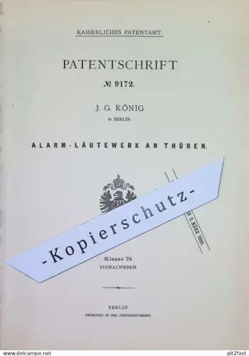 original Patent - J. G. König , Berlin | 1879 | Alarm - Läutewerk an Türen | Tür , Glocke , Klingel , Türklingel