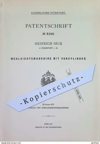 original Patent - Heinrich Seck , Frankfurt / Main | 1879 | Mehlsichtemaschine mit Vorzylinder | Sichtemaschine , Mühle