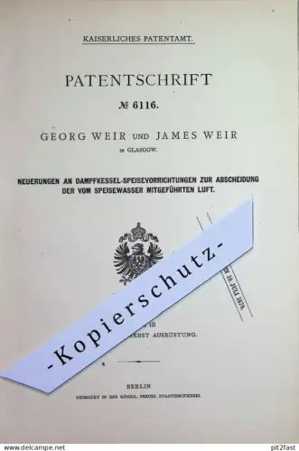 original Patent - Georg & James Weir , Glasgow , England | 1878 | Dampfkessel - Speisung | Kessel , Wasserkessel !!