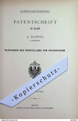original Patent - A. Hampel , Dresden | 1878 | Herstellung von Rasierschaum | Rasieren , Schaum , Seife