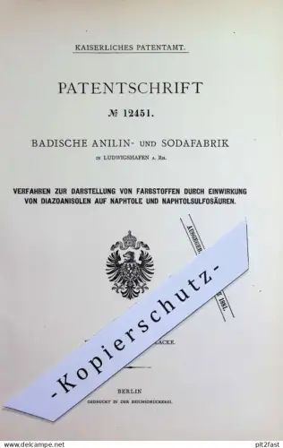 original Patent - Badische Anilin- & Sodafabrik Ludwigshafen / Rh. | 1879 | Darstellung von Farbstoff | Farbe , Farben