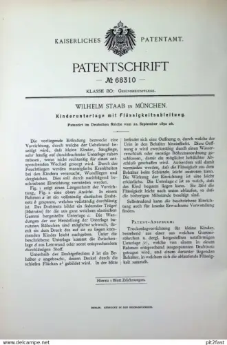 original Patent - Wilhelm Staab , München | 1892 |  Kinderunterlage mit Flüssigkeitsableitung | Bett Kinderbett , Matte