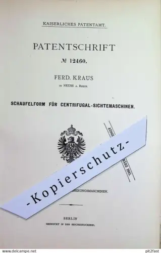 original Patent - Ferd. Kraus , Neuss / Rhein | 1880 | Schaufelform für Zentrifugal - Sichtemaschine | Mühle , Mühlen