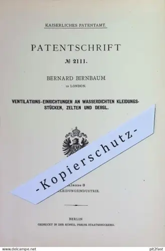 original Patent - Bernard Birnbaum , London , England | 1878 | Ventilation an wasserdichter Kleidung , Zelt | Kautschuk