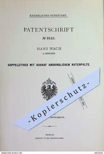 original Patent - Hans Wach , München | 1879 | Doppelzither mit Notenpult | Zither , Zitter | Musikinstrument , Musik !