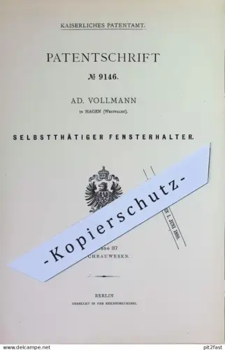 original Patent - Ad. Vollmann , Hagen , Westfalen | 1879 | Selbsttätiger Fensterhalter | Fenster Halterung | Fensterbau