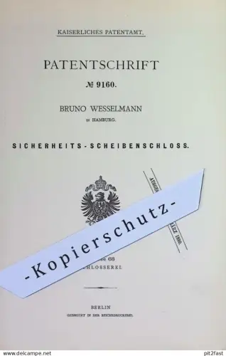 original Patent - Bruno Wesselmann , Hamburg | 1879 | Sicherheits- Scheibenschloss | Türschloss Vorhängeschloss Schloss