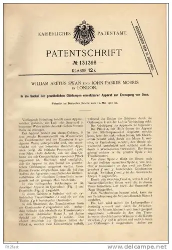 Original Patentschrift - Swan und Parker in London ,1901, Ozonerzeuger , Glühlampen , Lampe , Leuchte !!!