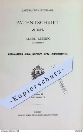 original Patent - Albert Lessing , Nürnberg | 1878 | Metallthermometer | Metall - Thermometer | Temperatur - Messer