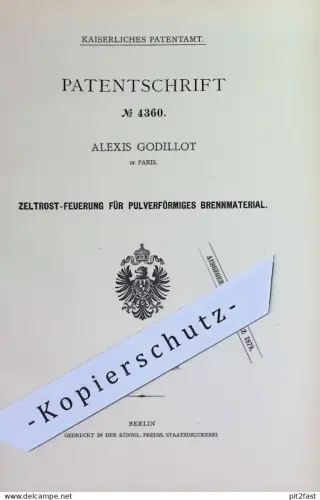 original Patent - Alexis Godillot , Paris , Frankreich | 1878 | Zeltrost - Feuerung für pulveriges Brennmaterial | Ofen