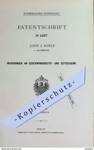 original Patent - John J. Royle , Manchester , England | 1878 | Geschwindigkeitszeiger , Zeitzeiger | Uhr , Uhrwerk !!