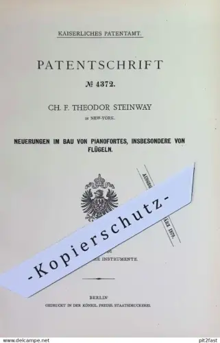 original Patent - Ch. F. Theodor Steinway , New York USA | 1878 | Bau von Pianofortes , Flügel , Piano , Klavier | Musik