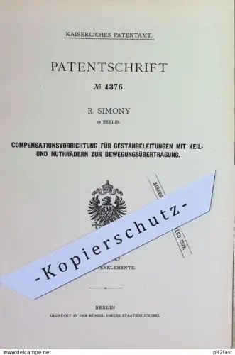 original Patent - R. Simony , Berlin | 1878 | Kompensation für Gestängeleitungen | Maschinen , Maschinenbau
