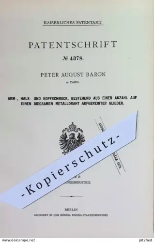original Patent - Peter August Baron , Paris , Frankreich | 1878 | Schmuck für Arm , Hals , Kopf | Kette , Halsband !!