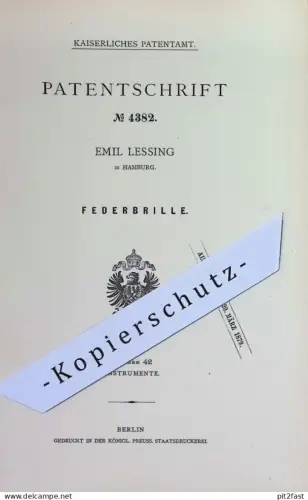 original Patent - Emil Lessing , Hamburg | 1878 | Federbrille | Feder - Brille | Brillen , Optiker , Lesehilfe , Augen