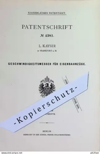 original Patent - L. Kayser , Frankfurt / Main | 1878 | Geschwindigkeitsmesser für Eisenbahnzug | Eisenbahn , Tachometer
