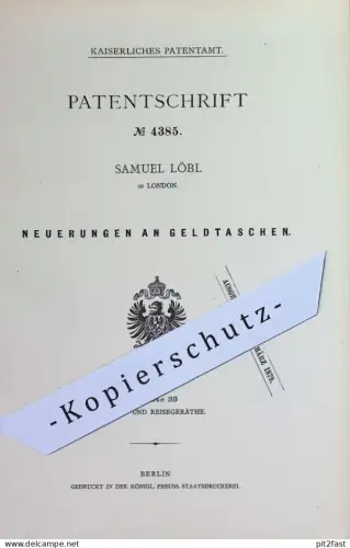 original Patent - Samuel Löbl , London , England | 1878 | Geldtasche | Geld - Tasche | Brieftasche , Gürteltasche !!