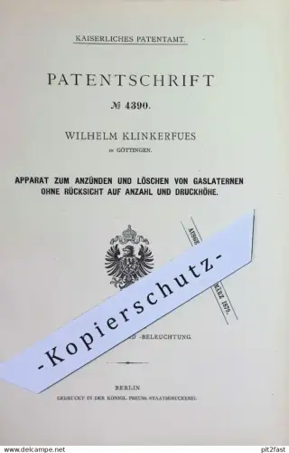 original Patent - Wilhelm Klinkerfues , Göttingen | 1878 | Anzünden & Löschen von Gaslaternen | Gas - Lampe | Brenner !!