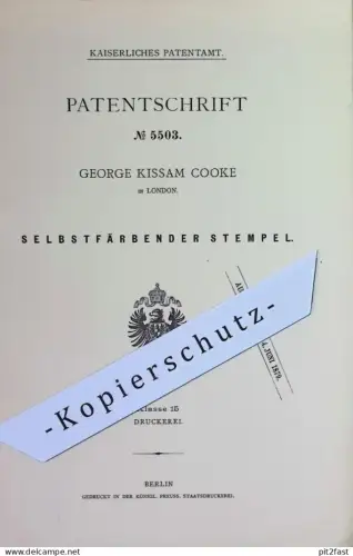 original Patent - George Kissam Cooke , London , England | 1878 | Selbstfärbender Stempel | Stempelkissen , Büro , Druck