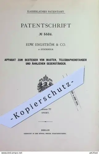 original Patent - Edw. Engström & Co , Stockholm , Schweden | 1878 | Schuh zum Besteigen von Mast , Telegraph | Klettern