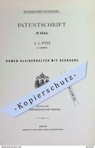 original Patent - A. L. Fyfe , London , England | 1878 | Kleiderhalter mit Schraube | Kleiderhaken , Haken , Garderobe