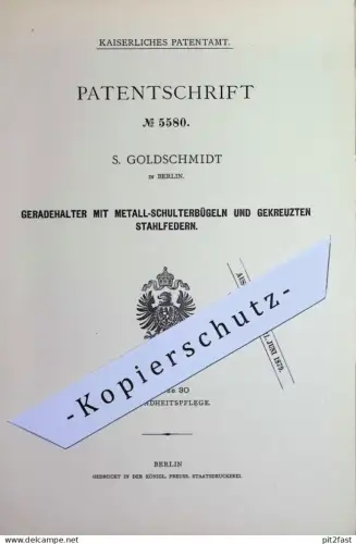 original Patent - S. Goldschmidt , Berlin | 1878 | Gestell für Rücken & Wirbelsäule mit Metall - Schulterbügel | Medizin