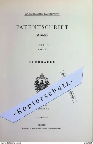 original Patent - E. Brauer , Berlin | 1878 | Hemmräder für Hebezeuge , Kran , Winden , Aufzug , Flaschenzug , Winde