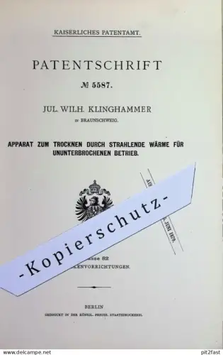 original Patent -  Jul. Wilh. Klinghammer , Braunschweig | 1878 | Heizung mit strahlender Wärme | Heizungen , Feuerung !