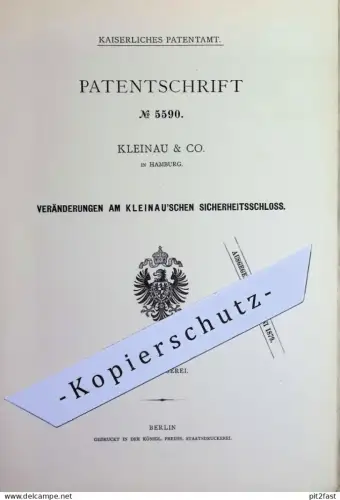 original Patent - Kleinau & Co. , Hamburg | 1878 | Kleinau'sches Sicherheitsschloss | Schloss , Türschloss , Schlosserei