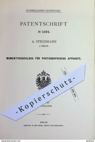 original Patent - A. Stegemann , Berlin | 1878 | Momentverschluss für photographische Apparate | Kamera , Fotografie !