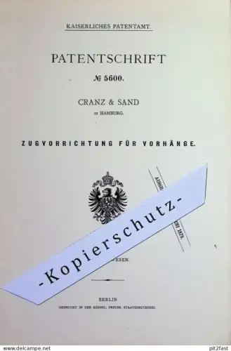 original Patent - Cranz & Sand , Hamburg | 1878 | Zugvorrichtung für Vorhänge | Vorhang , Rollo , Jalousie
