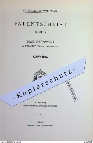 original Patent -  Max Grünwald , Budapest , Ungarn | 1879 | Klappstuhl | Stuhl , Stühle , Hocker , Möbel , Holzstuhl