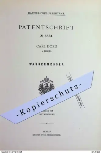 original Patent - Carl Dorn , Berlin | 1878 | Wassermesser | Wasser , Wasseruhr , Zählwerk , Uhrwerk , Messgerät