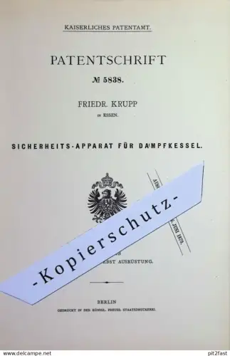 original Patent - Friedr. Krupp , Essen | 1878 | Sicherheitsapparat für Dampfkessel | Kessel Wasserkessel Dampfmaschine