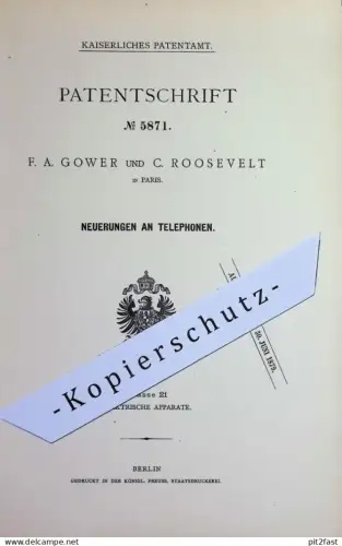 original Patent - F. A. Gower , C. Roosevelt , Paris , Frankreich | Telefon , telephon | Telegrafie , Telegraphy