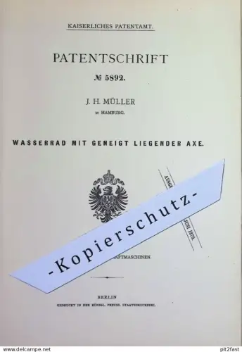 original Patent - J. H. Müller , Hamburg | 1878 | Wasserrad mit geneigter Achse | Triebrad für Wassermühle | Mühle !