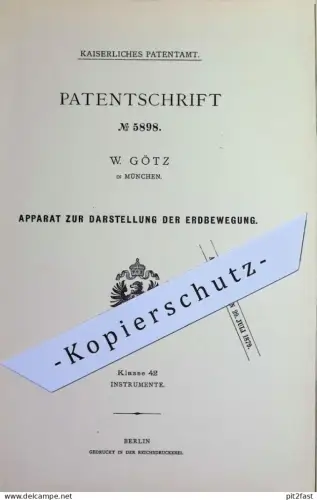 original Patent - W. Götz , München | 1878 | Darstellung der Erdbewegung | Glaskugel , Erde , Rotation , Zahnräder !!!
