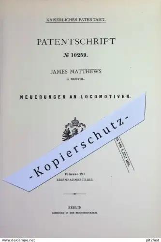 original Patent - James Matthews , Bristol , England | 1879 | Lokomotive , Eisenbahn | Bahn , Train , Zug , Dampfwagen