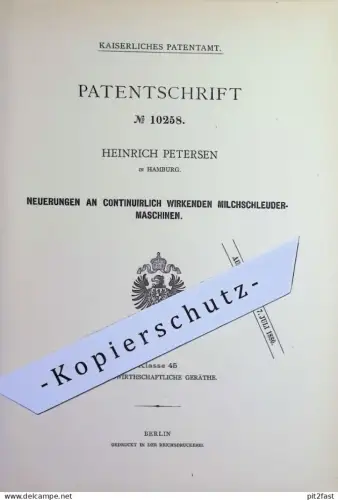 original Patent - Heinrich Petersen , Hamburg | 1879 | Milchschleudermaschinen | Milchschleuder , Trommel , Schleuder