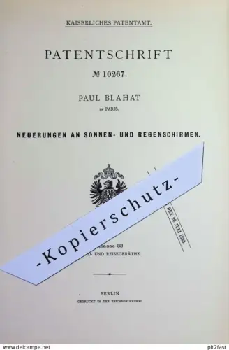 original Patent - Paul Blahat , Paris , Frankreich | 1879 | Sonnenschirm , Regenschirm | Schirm Schirme , Schirmgestell