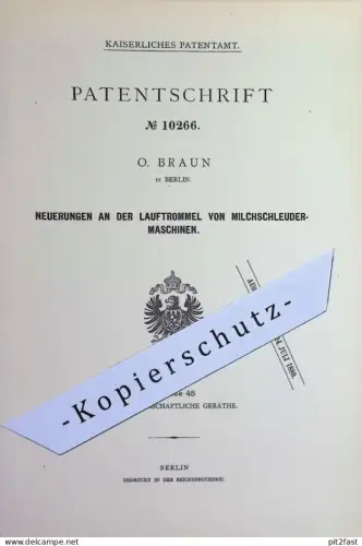original Patent - O. Braun , Berlin | 1878 | Lauftrommel von Milchschleuder | Milch - Schleuder | Landwirtschaft
