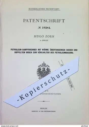 original Patent - Hugo Zorn , Berlin | 1879 | Petroleum - Dampfbrenner | Gasbrenner | Gas - Brenner | Laterne , Lampe