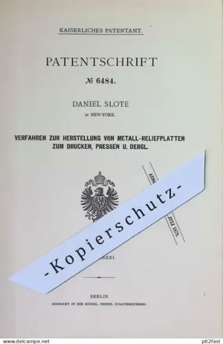 original Patent - Daniel Stolte , New York , USA | 1879 | Metall - Reliefplatten zum Drucken , Pressen | Druck , Gips