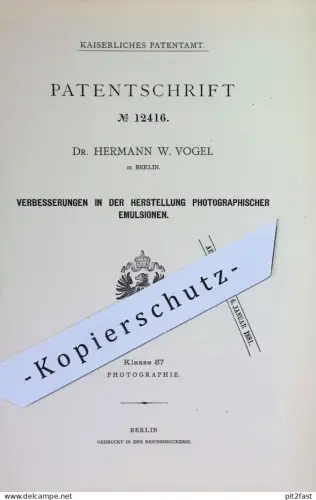 original Patent - Dr. Hermann W. Vogel , Berlin | 1880 | Herst. photographischer Emulsionen | Photography , Fotografie