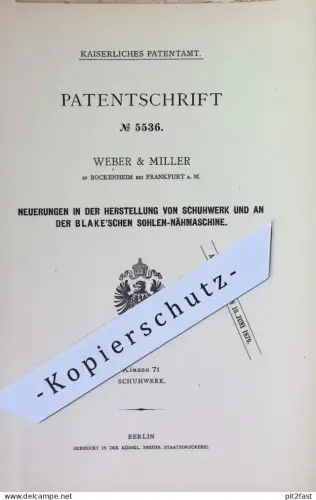 original Patent - Weber & Miller , Frankfurt am Main / Bockenheim | 1878  | Sohlen - Nähmaschine von Blake | Schuhwerk